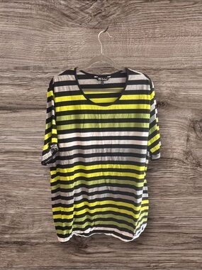 NWOT Ulla Popken neon yellow, black white, green stripes cotton T-shirt Sz 24/26